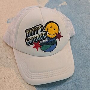 Happy Camper Smiley Face White Mesh Trucker Snapback Hat Patch Festival Boho Cap